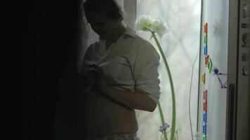 sorridente incinta donna con mobile Telefono a casa video