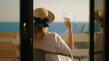 mujer teniendo bueno hora Bebiendo vino a el balcón con vista a mar video