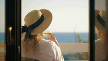 donna potabile vino e rilassante a il balcone prospiciente mare video
