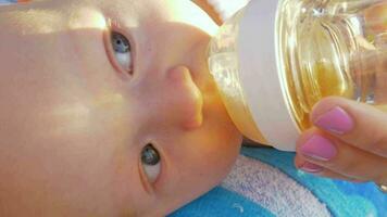 bebê menina bebendo a partir de garrafa ao ar livre video