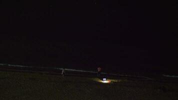 Nacht Aussicht von Menschen entspannend auf Strand und suchen dunkel Meer video