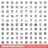 100 activist icons set, outline style vector