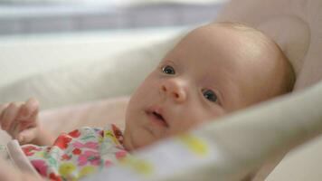 Quiet blue-eyed baby girl of two months in bouncy seat at home video