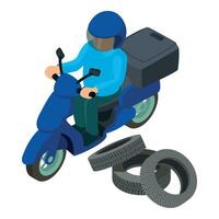 Tire delivery icon isometric vector. New auto tire and man moto delivery courier vector