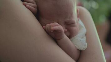 Newborn baby sleeping in mums arms video