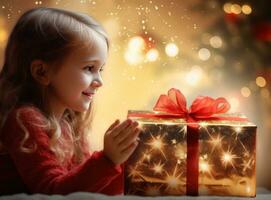 Christmas background. Girl with gift box photo