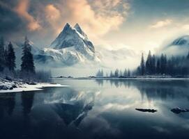 A beautiful landscape in winter with mountains reflected on the lake photo