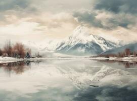 un hermosa paisaje en invierno con montañas reflejado en el lago foto