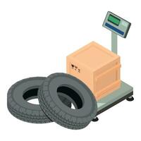 Load operation icon isometric vector. Modern electro floor scale and car tire vector