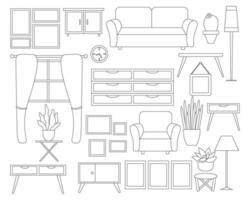 un colección de vivo habitación mueble para diseño proyectos y interior soluciones un conjunto de mueble para interiores en negro y blanco. objetos son aislado. vector