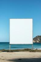 sorprendentes imagen de un blanco cartelera marco en un solitario playa, interminable publicidad posibilidades ai generativo foto