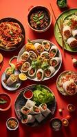 Overhead snapshot of international cuisine sushi pasta and tacos on a colorful tablecloth AI Generative photo