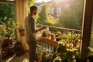 hombre abrazando un sereno Mañana rutina en un iluminado por el sol balcón con vista a un vibrante primavera jardín ai generativo foto