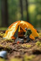 Comedy in Wilderness - Hiker's Amusing Attempt at Toy Tent Pitching AI Generative photo