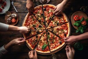 Overhead shot of shared pizza depicting culinary delight and community photo