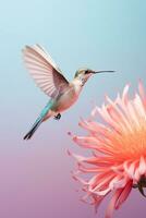Minimalist capture of a hummingbird mid-flight sipping nectar from an exotic flower AI Generative photo