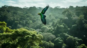 Dense, emerald-green jungle scene with a vibrant parrot flying amidst the foliage AI Generative photo