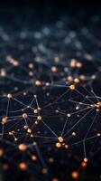Futuristic visualization of interconnected digital nodes with dark background and abundant copy space photo