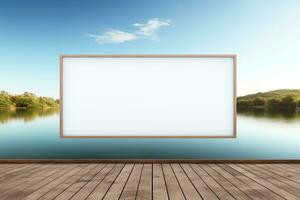 Blank billboard dramatically positioned at the end of a pier overlooking a tranquil lake AI Generative photo