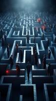 Navigating business challenges depicted by professionals at a 3D maze intersection photo