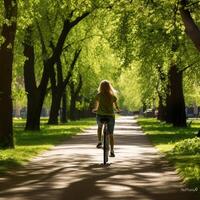 despreocupado mujer disfruta un bicicleta paseo mediante un lozano verde parque abrazando primavera vitalidad ai generativo foto