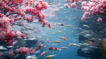 Ethereal image of a tranquil koi pond surrounded by blooming cherry blossoms AI Generative photo