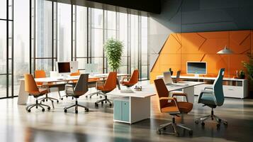 Sleek Furniture in a Vibrant Modern Office with Neutral Palette and Tech Gadgets AI Generative photo