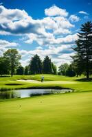 A Mid-Swing Golfer Silhouette Against a Vibrant Green Golf Course Under a Clear Blue Sky AI Generative photo