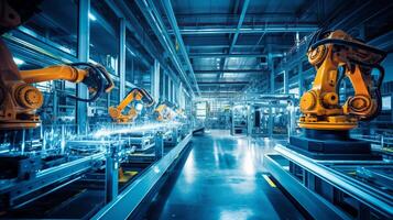 A vibrant display of intricate machinations on a modern factory floor with assembly lines powered by high-tech automation and robotics AI Generative photo