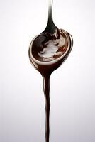 Luscious Chocolate Sauce Dripping from Silver Spoon Against Stark White Background AI Generative photo