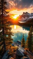 Ethereal Landscape Shot Capturing the Sun's Golden Hue Over Majestic Mountains and Serene Lakes AI Generative photo