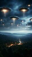 Dramatic depiction of a UFO fleet in the night sky signaling a possible alien encounter AI Generative photo