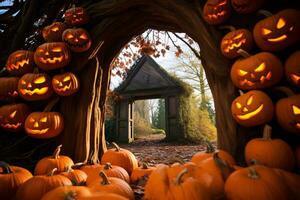 estacional magia capturado en brillante detalles de obsesionado casas, Jack-o-lanterns, y otoño hojas ai generativo foto