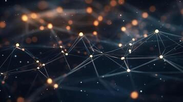Futuristic visualization of interconnected digital nodes with dark background and abundant copy space photo