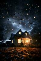 Modern Halloween Scene with Floating Ghosts, Twinkling Stars, and a Crisp Luminous Essence AI Generative photo