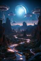 Imaginative depiction of an advanced alien civilization on a distant planet with floating structures and neon pathways AI Generative photo