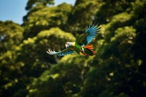 Dense, emerald-green jungle scene with a vibrant parrot flying amidst the foliage photo