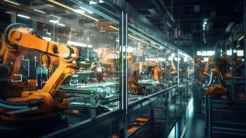 A vibrant display of intricate machinations on a modern factory floor with assembly lines powered by high-tech automation and robotics photo