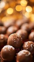 Luxurious Milk Chocolate Truffles on Bright Polished Surface with Bokeh Effect AI Generative photo