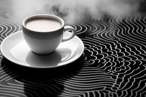 Aerial View of Steaming Coffee Cup on Geometrically Patterned Surface with Ample Copy Space photo