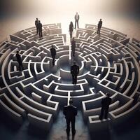 Navigating business challenges depicted by professionals at a 3D maze intersection photo