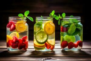 de moda surtido de desintoxicación Fruta agua en vibrante masón frascos en un rústico de madera mesa ai generativo foto