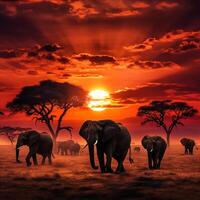 Stunning African safari scene at sunset with elephants, giraffes, and zebras under a fiery sky AI Generative photo