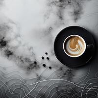 Aerial View of Steaming Coffee Cup on Geometrically Patterned Surface with Ample Copy Space photo