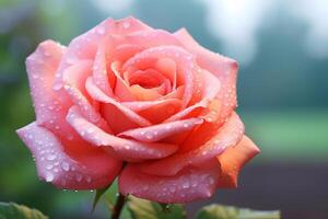 Stunning macro shot of a dew-kissed rose in full bloom with dreamy blurred background and copy space AI Generative photo