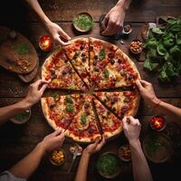 Overhead shot of shared pizza depicting culinary delight and community photo