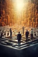 Navigating business challenges depicted by professionals at a 3D maze intersection photo