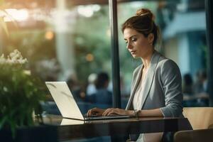 Businesswoman in formal attire working at a cafe with large glass-window copyspace for branding opportunities AI Generative photo
