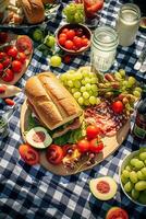 aéreo ver de un verano picnic exhibiendo al aire libre comida en un a cuadros cobija ai generativo foto