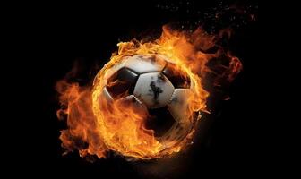 fútbol pelota en fuego aislado en negro antecedentes. ai generado foto